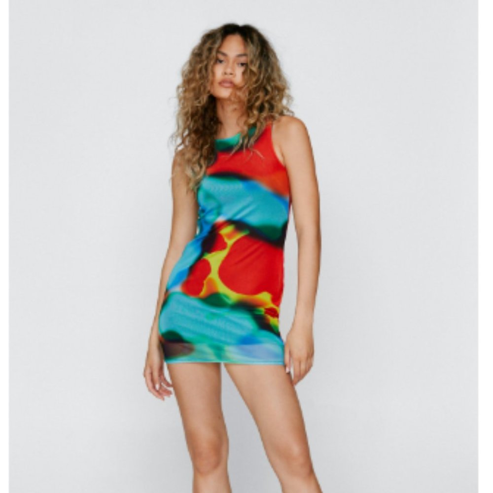 Abstract Spot Print Mesh Racer Mini Dress